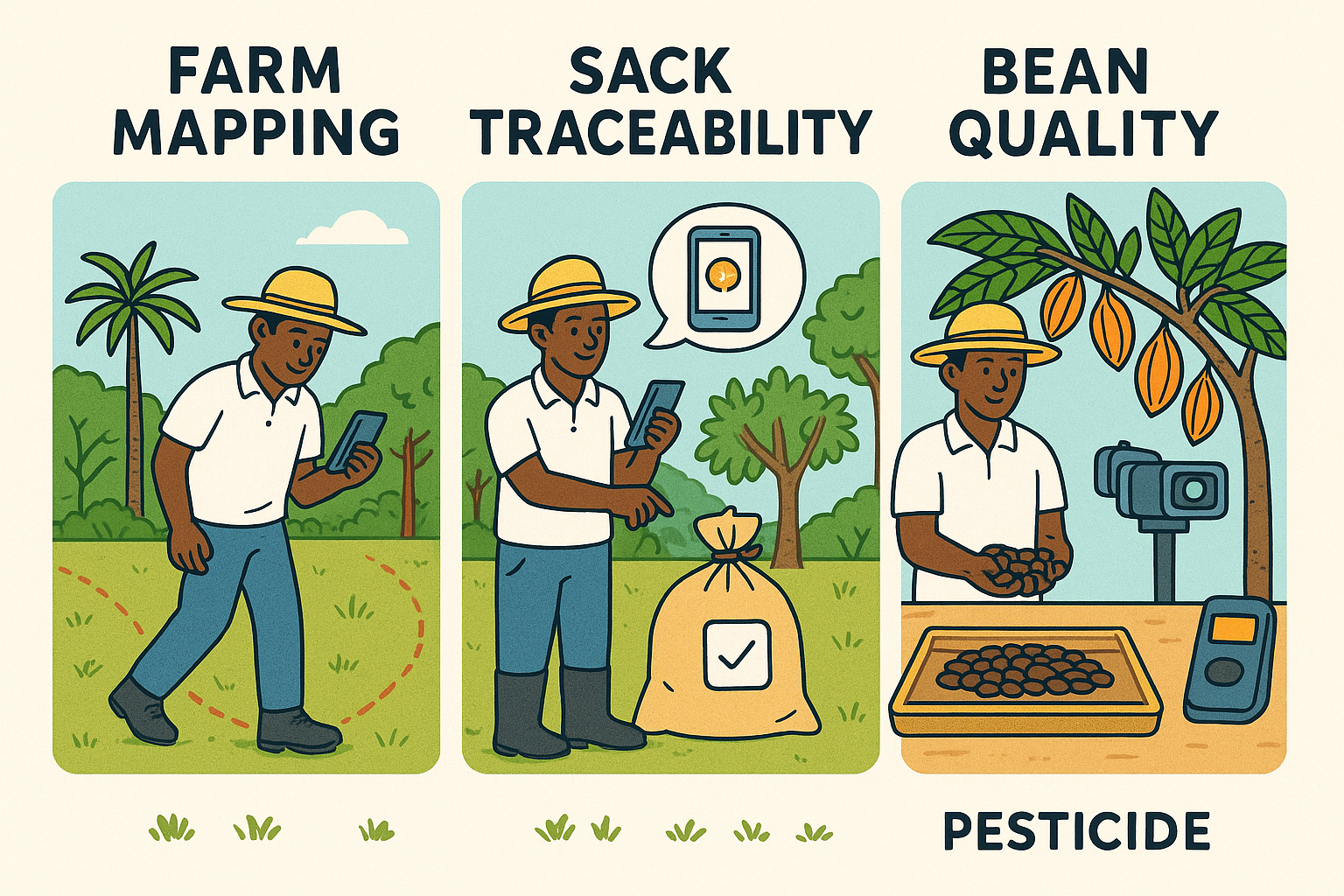 iVerify platform interface showing farm mapping, sack traceability, and bean quality verification
