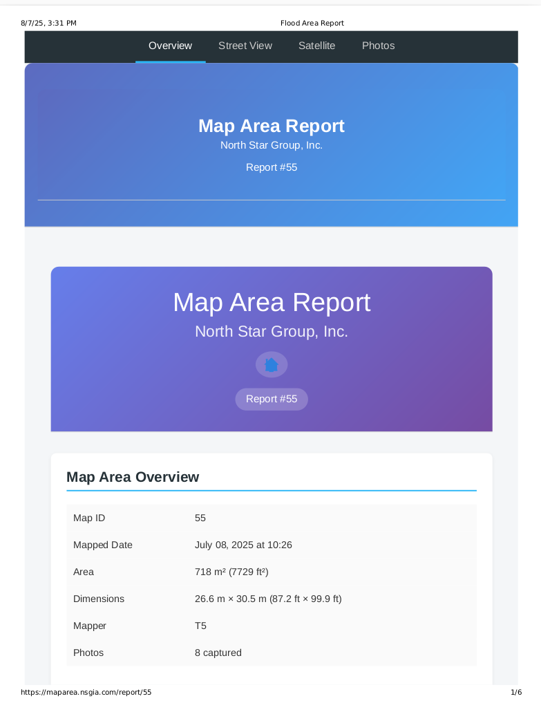 Screenshot of a live Map Area Report showing GPS mapping, photos, and data export capabilities